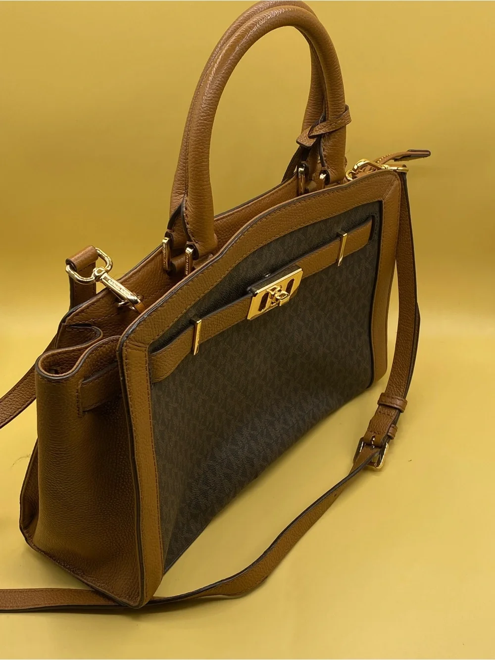 Michael Kors Brown Monogram and Leather Satchel with Gold Hardware - Picture 2 of 4